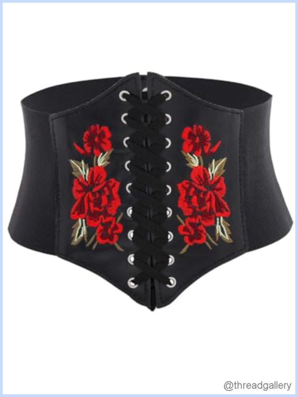 Floral Embroidered Corset Belt PU Leather Lace-Up Waist Belts